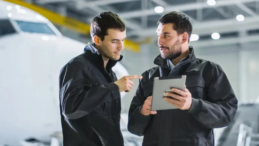 aircraft maintenance workers having conversation holding and using tablet