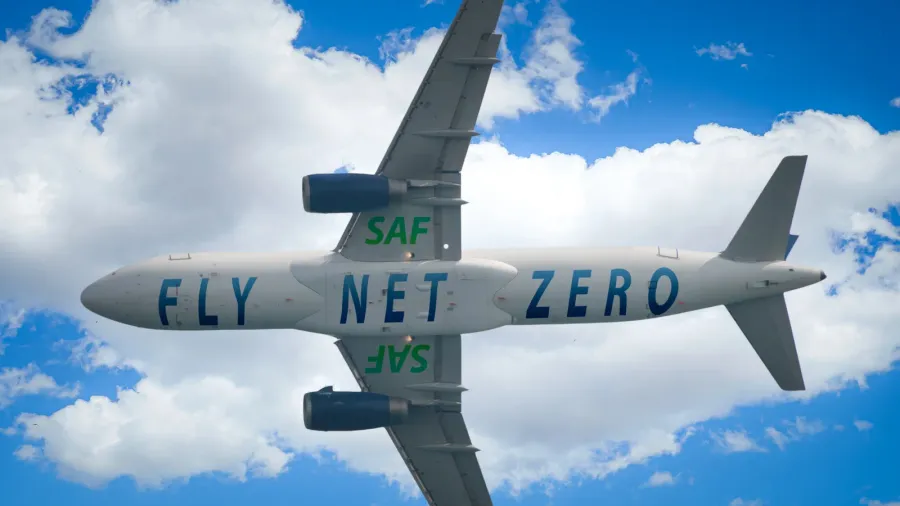 aircraft soars through the sky with a prominent saf and