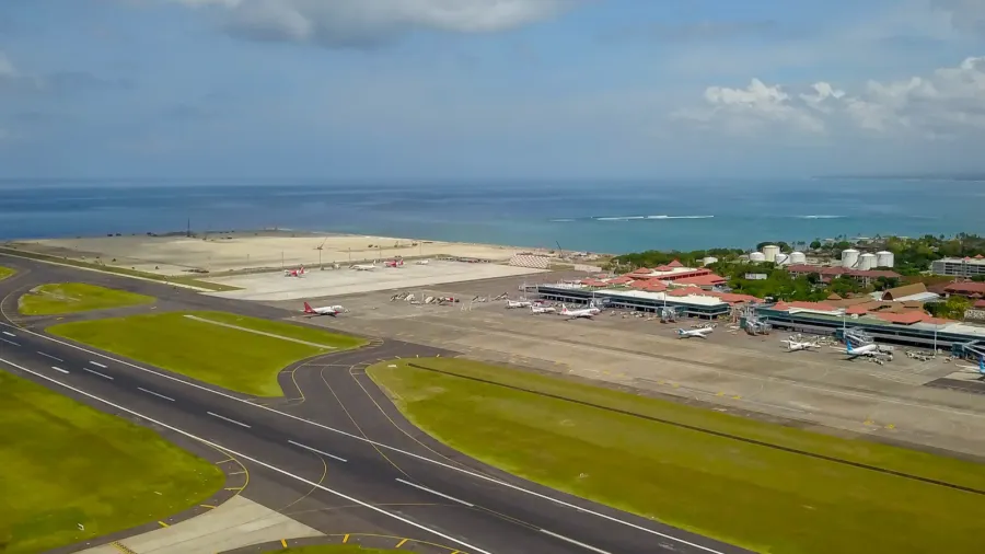 airplane parked on ngurah rai airport apron aerial view to
