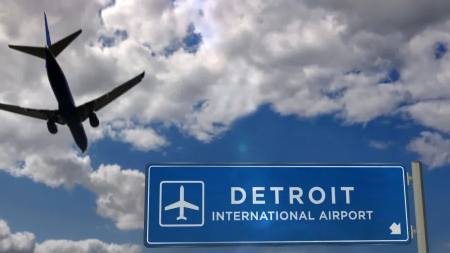 airplane silhouette landing in detroit metro dtw michigan usa city