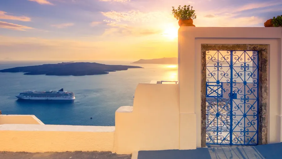 amazing evening view of fira caldera volcano of santorini greece