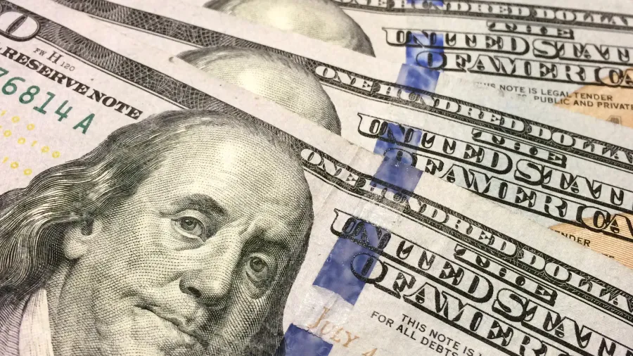 american one hundred dollar bills close up horizontal fanned out
