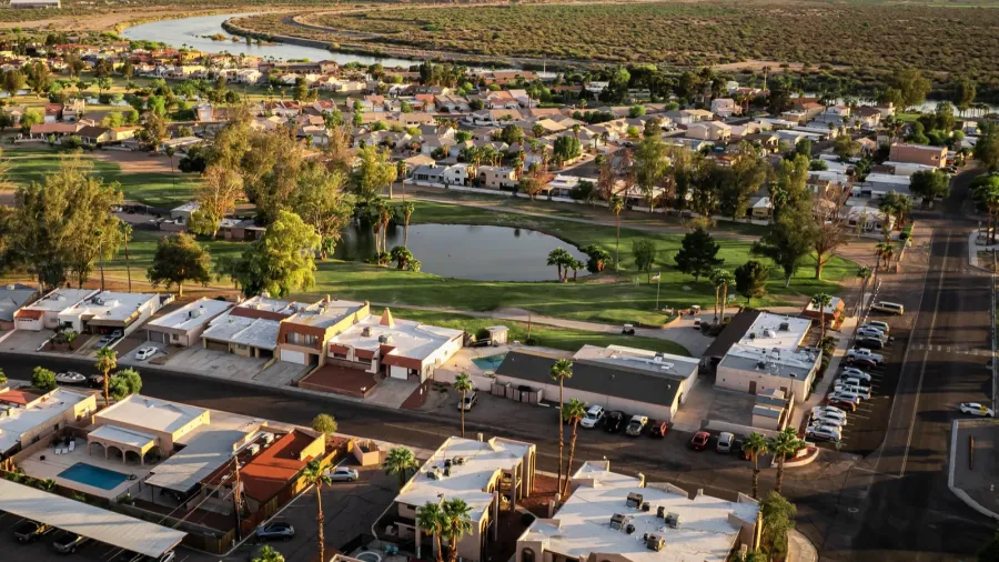 an aerial view of bullhead city with the colorado river