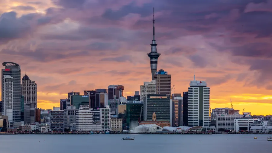 auckland city skyline at sunset after heavy storm with city