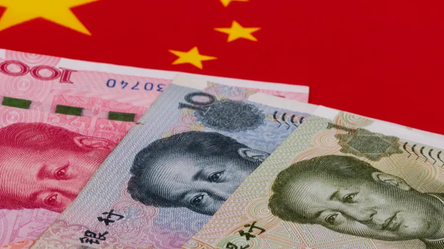 banknotes in denominations of 1 10 and 100 yuan against