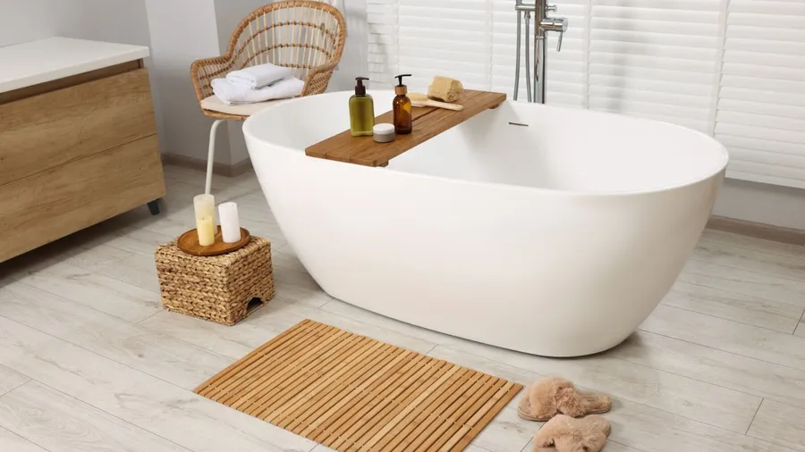 Minimalist bathroom with a white bathtub, wooden tray, and candles.