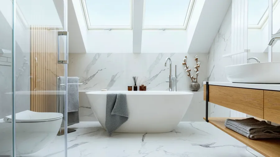 An airy bathroom with a white tub, grey towels, and skylights providing natural light.