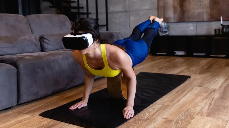 beautiful girl doing fitness in the digital universe fitness