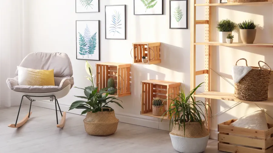 beautiful paintings of tropical leaves on white wall in living