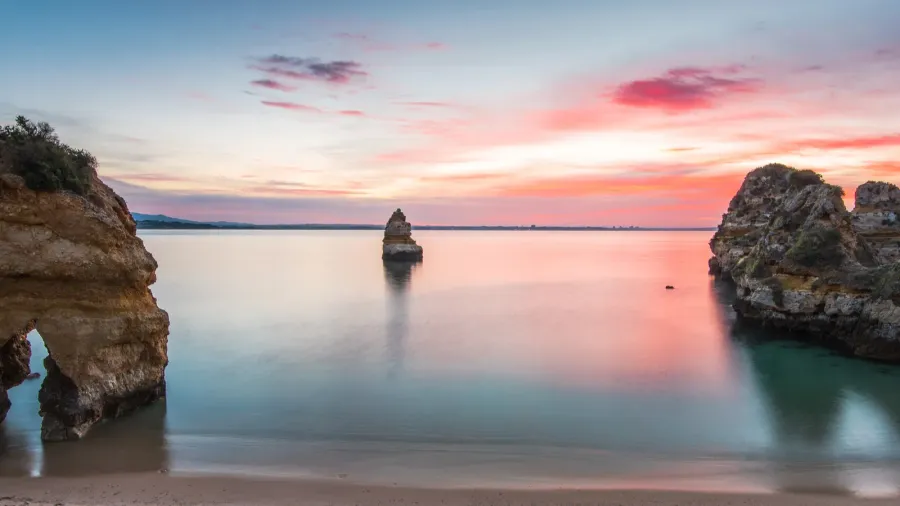 beautiful sunrise on praia do camilo beach lagosalgarveportuga