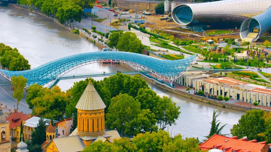 beautiful view of kura river and bridge of peace in