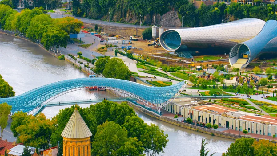 beautiful view of kura river and bridge of peace in