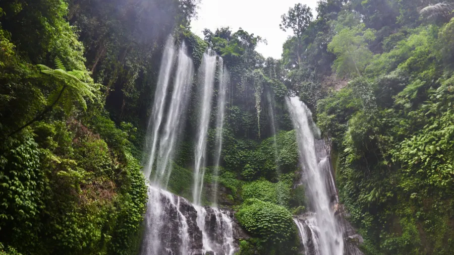 beautiful waterfall in green tropical forest view of the falling