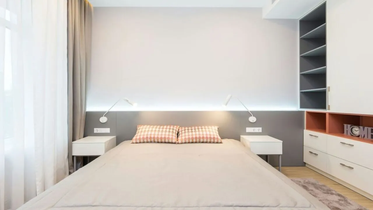 Shelves offer stylish storage, saving floor space