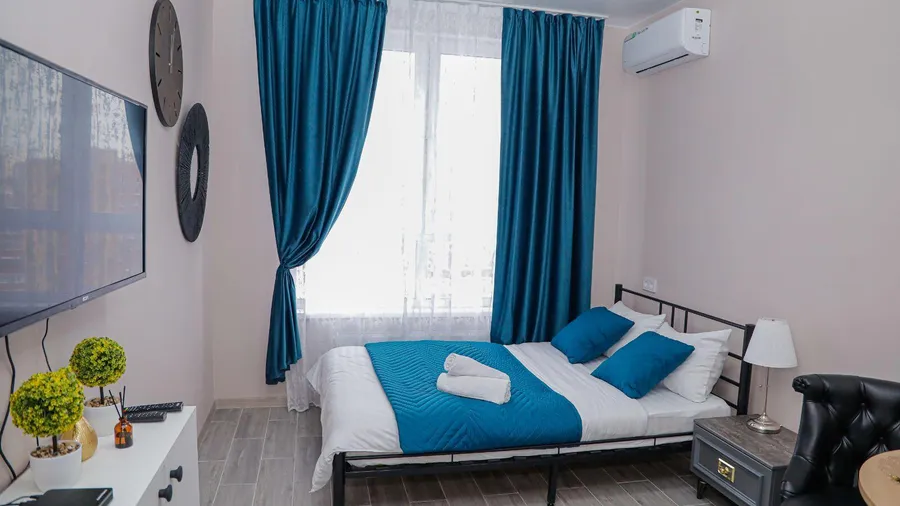 A stylish bedroom interior with a cozy bed, TV, small potted plants, bedside table with lamp, and layered curtains in front of the window.