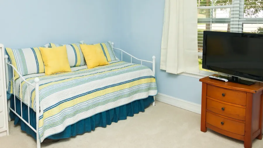 A bedroom interior with daybed and a TV in front of a window.