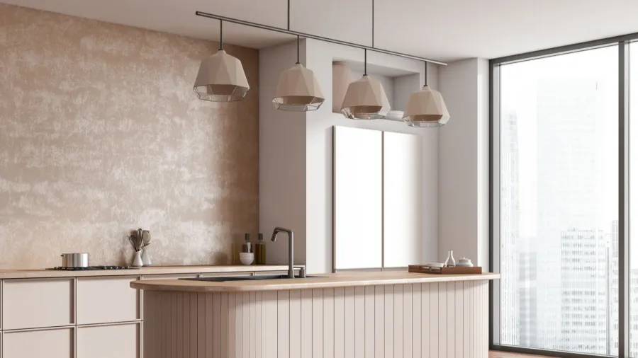 beige kitchen interior with bar island and minimalist kitchenware side