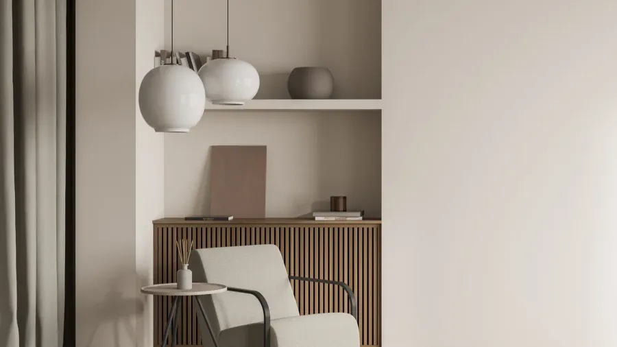 Beige living room interior having symmetric niches with wood basement.