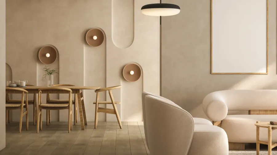 beige living room interior with sofa and armchairs coffee table