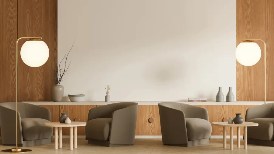 beige restaurant interior with soft armchairs and tables in row