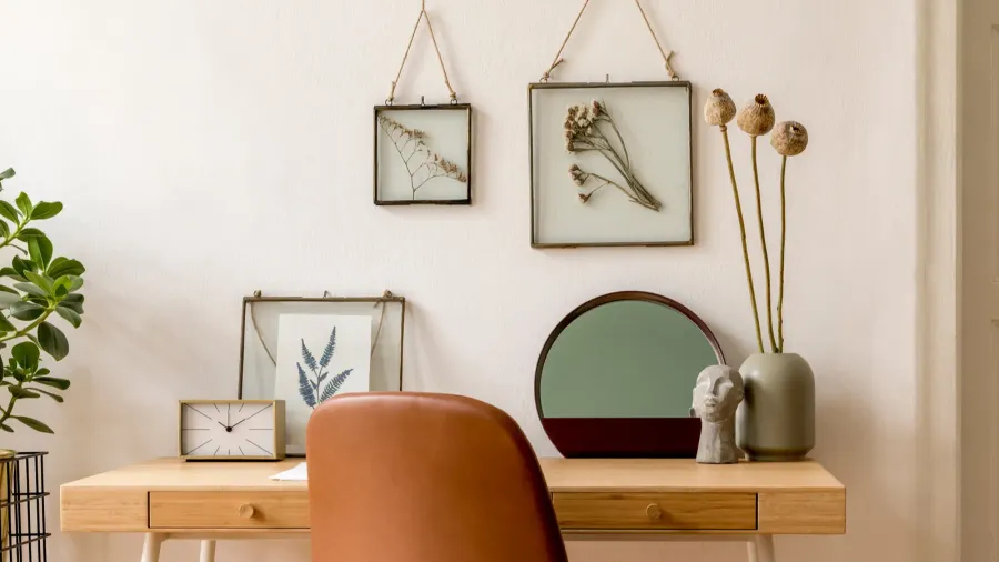beige table with various interior details interior design