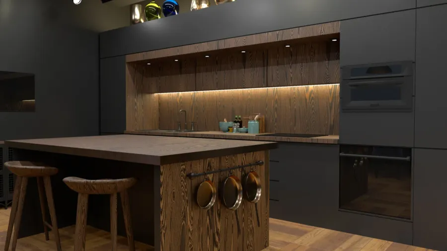 A modern kitchen interior with black cabinetry, wooden island, barstools, and wooden backsplash.