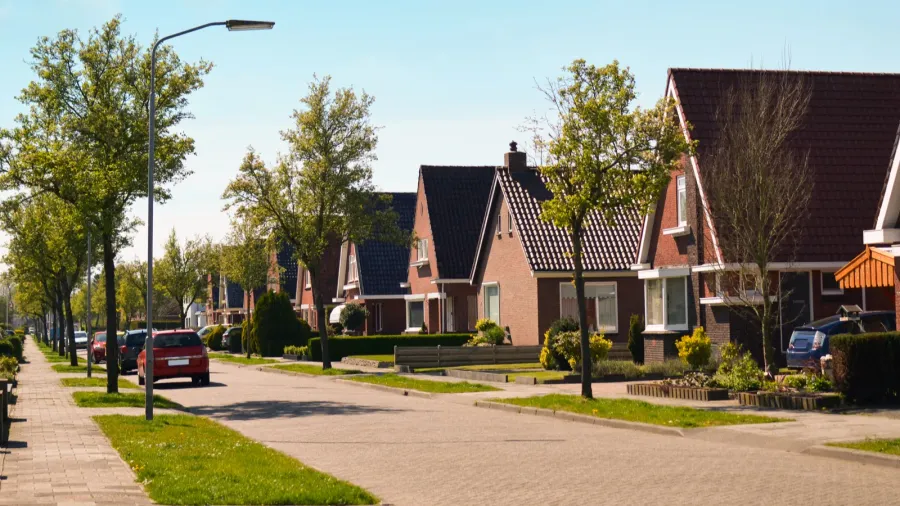 block of houses on sunny day suburban district
