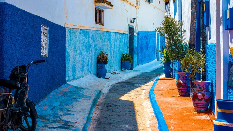 blue and white street in the kasbah des oudaias in