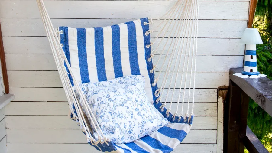 blue and white striped pattern string and cotton hammock hanging