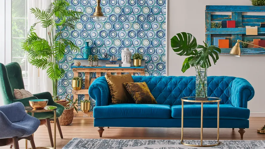 blue wallpaper and sofa furniture style decorative wooden palette bookshelf