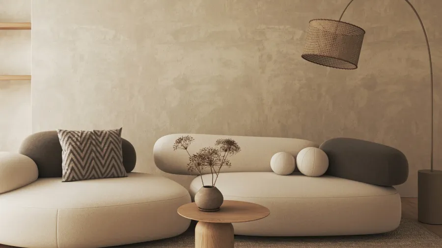 boho beige livingroom with big lamp shelves and sofa background