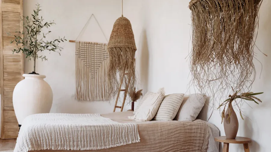 boho chic style bedroom interior in apartment light pastele colours