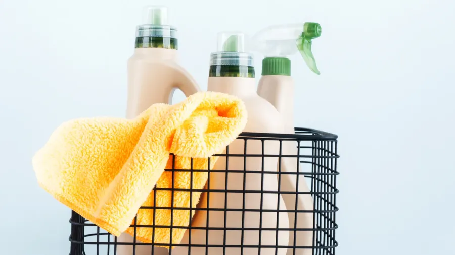 bottles of cleaning products and microfiber cloth cleaning sponge in