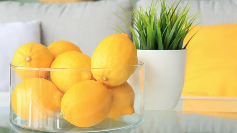 bowl with fresh lemons on table in living room