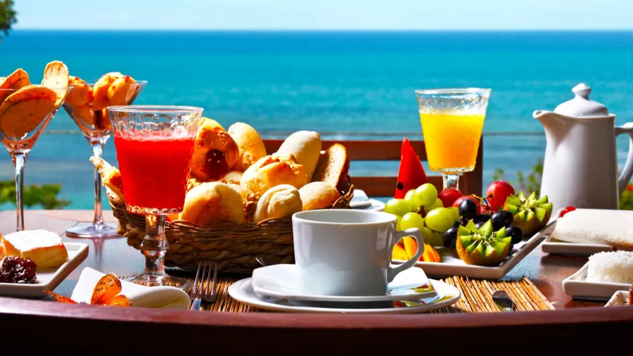 breakfast with fruits buns and juices