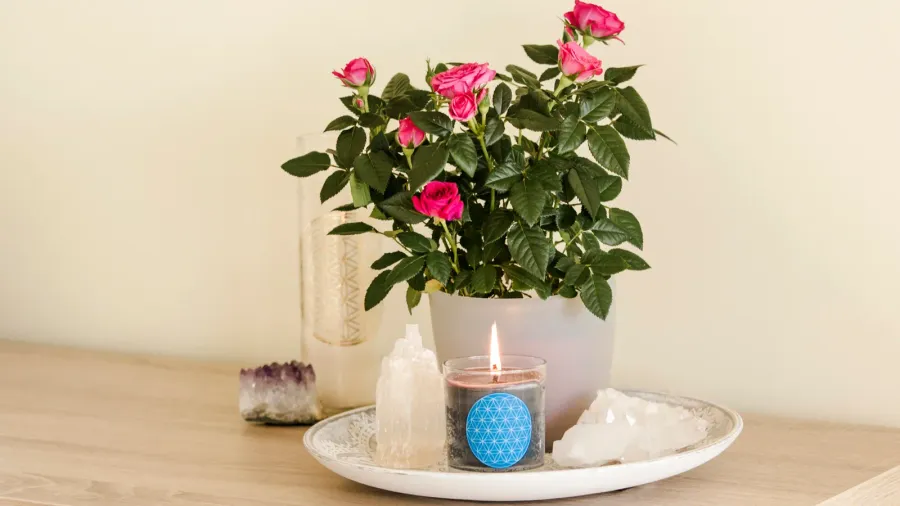 burning glass candle with homemade sign showing flower of life