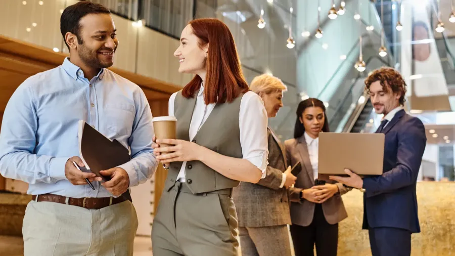 A group of professionally dressed people engaging in conversation in a modern, well-lit office building. A woman in a gray vest and white shirt is smiling while holding a coffee cup, talking to a man in a blue shirt with a black file in hand. In the background, three more individuals are interacting, one using a laptop. The setting features glass walls, stylish lighting, and an open, collaborative atmosphere.