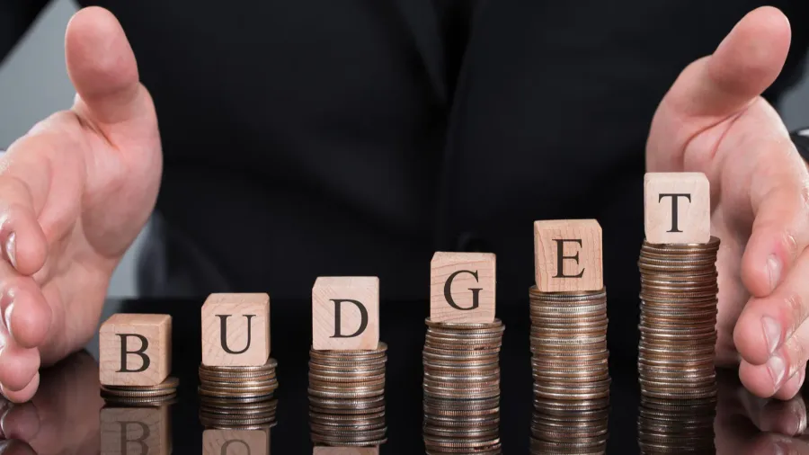 businessman protecting budget blocks on stacked coins