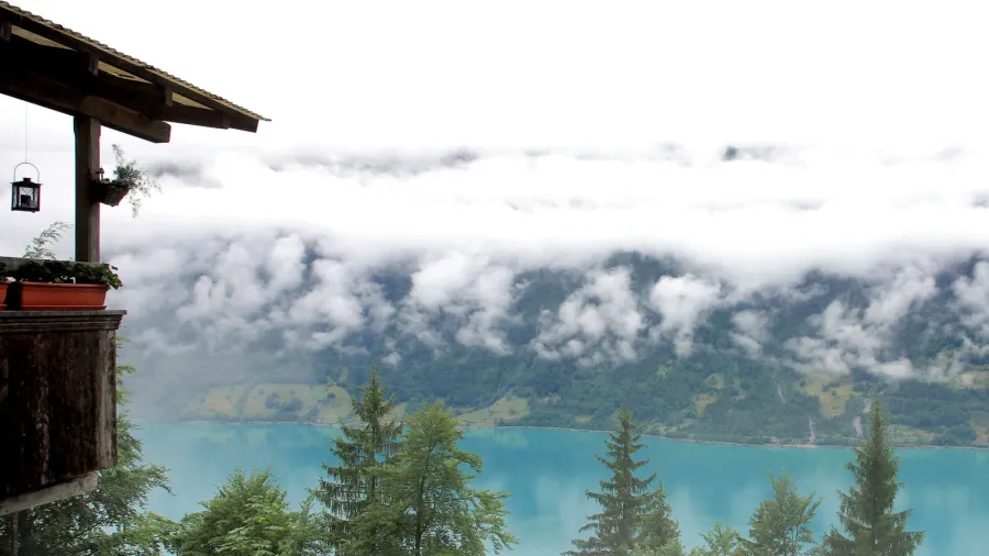 cafe near lake brienz in alps in fog weather