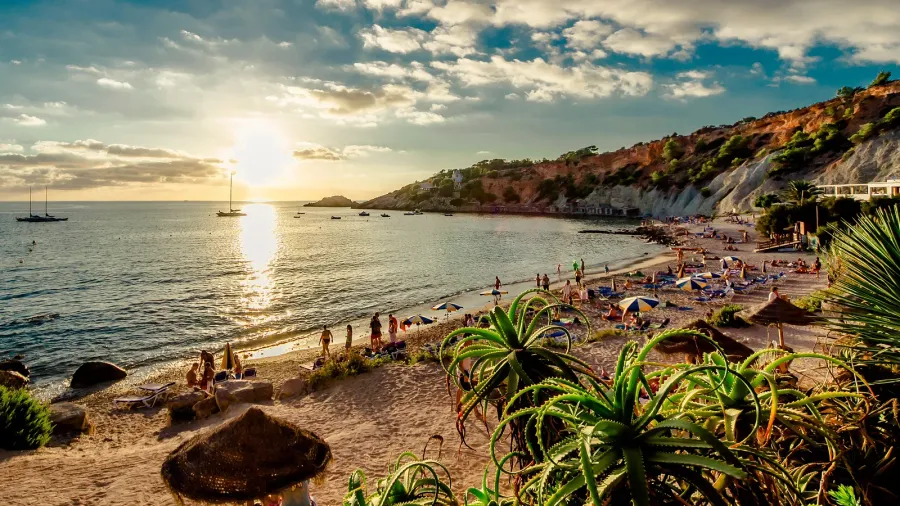 cala dhort beach at sunset balearic islands ibiza