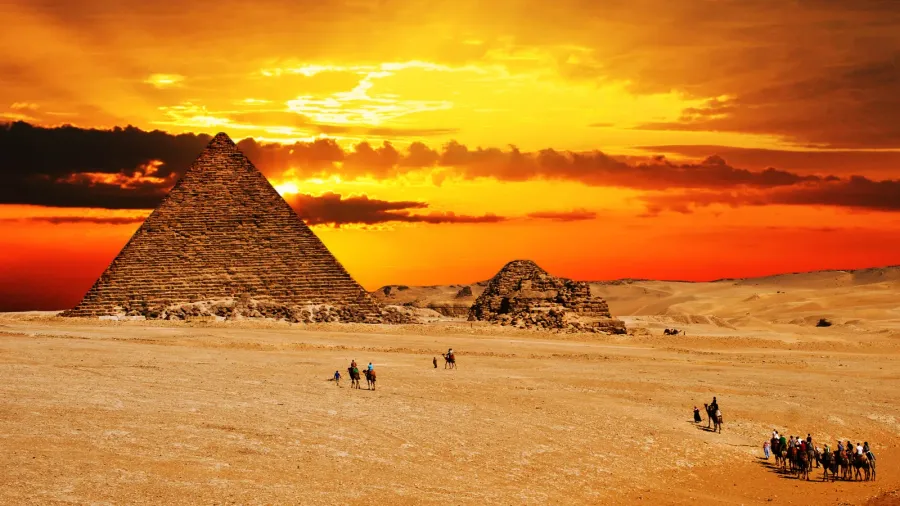 camel caravan at sunset