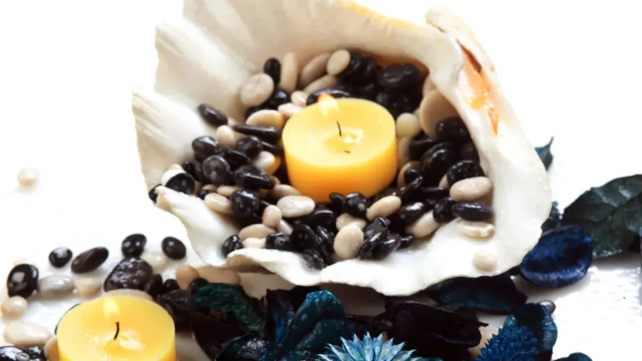 A seashell used as bowl, filled with smooth pebbles and candle.