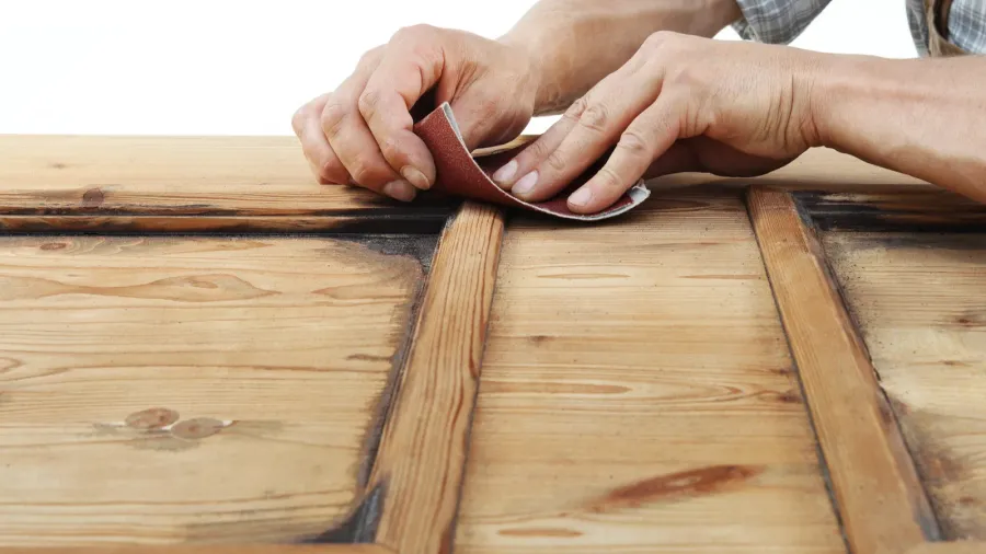 carpenter work the wood with the sandpaper