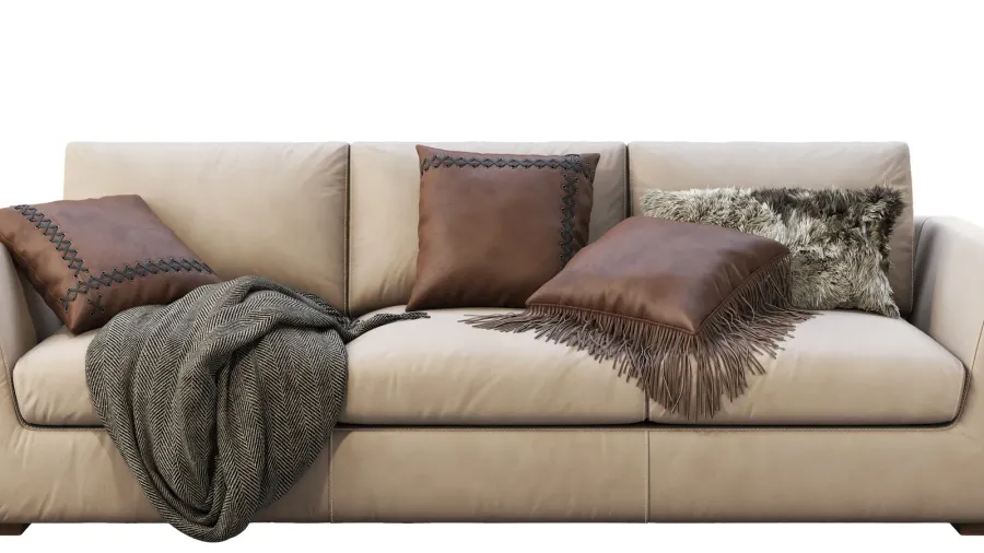 chalet beige leather upholstery sofa with pillows and plaid 3d