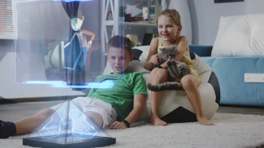 children watching holographic animated movie