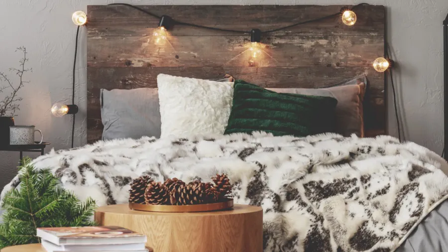 christmas bedroom decor with lights wood spruce and cones