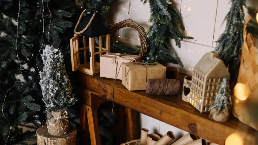 christmas composition on the table pine wreaths a wicker basket