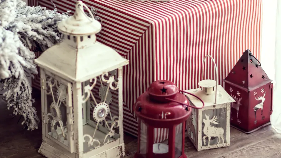 Christmas decoration and rustic lanterns.