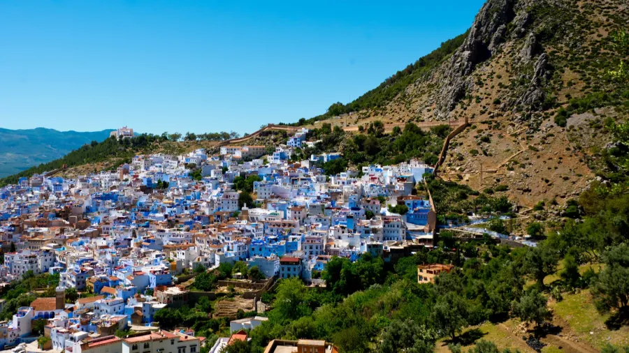 cityscape of famous blue town chefchaouen in rif mountains morocco