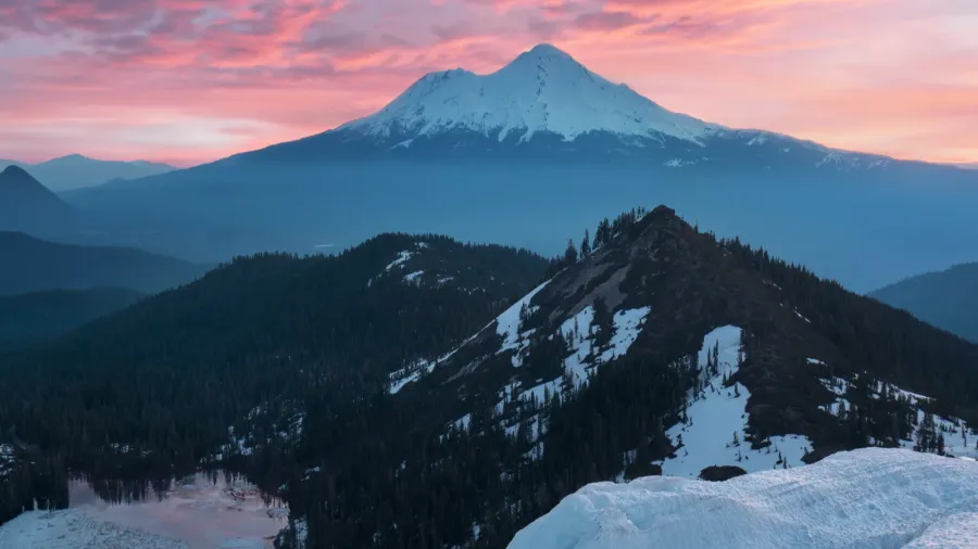 Classical view of Mount Shasta Volcano with glaciers, in California, USA.